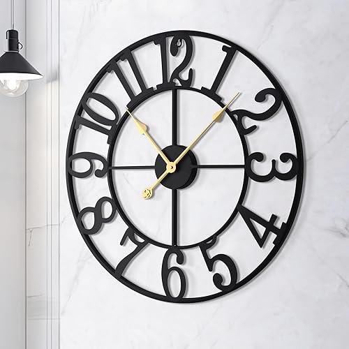 Miniatura 4 de LEIKE Reloj de pared grande de 18.5 pulgadas, silencioso, sin tictac, funciona con pilas, de gran tamaño, decorativo, retro, reloj de metal negro