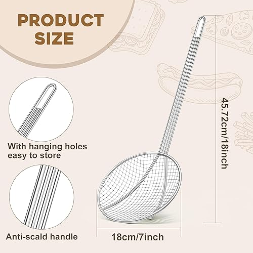Miniatura 2 de Paquete de 2 coladores de malla de alambre de 18 pulgadas niquelados con mango largo, cuchara redonda para freír, colador de aceite de cocina para