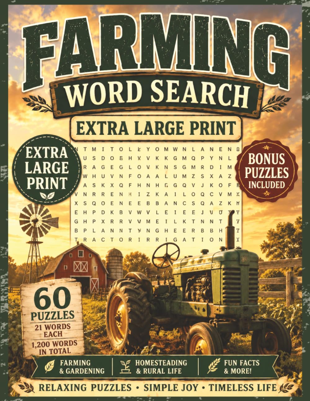Farming Word Search: Extra Large Print: Farm-Themed Word Search Puzzles with Farming, Gardening, Homesteading, Livestock & Rural Life Words | Adults ... (Extra Large Print Word Search Puzzle Books)