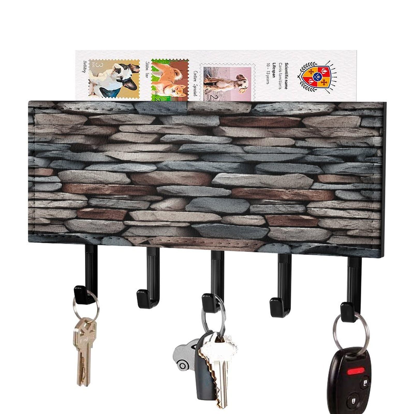 FekiLoot Stone Key Holder Wall Mount Key Hanger with 5 Hooks Decorative Key Rack Hanging Key Hooks with Mail Organizer Key Holder for Wall Living Room Kitchen Bathroom Hallway Black