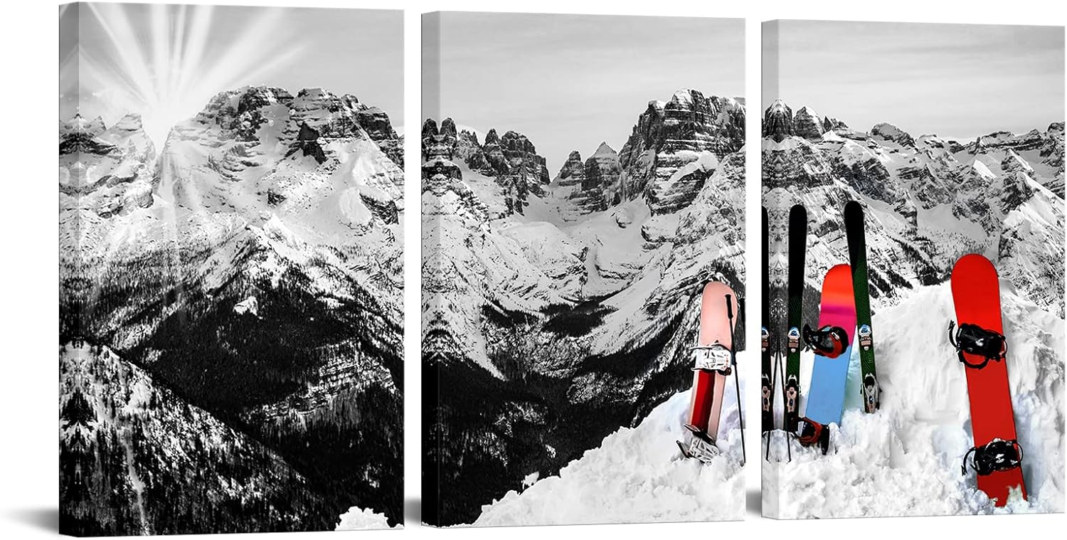 sechars 3 Piece Ski Wall Art Decor Rocky Mountains at Sunrise Winter Landscape Picture Canvas Print Black and White Red Snowboards Photo Artwork Framed for Home Living Room Decor (Small)