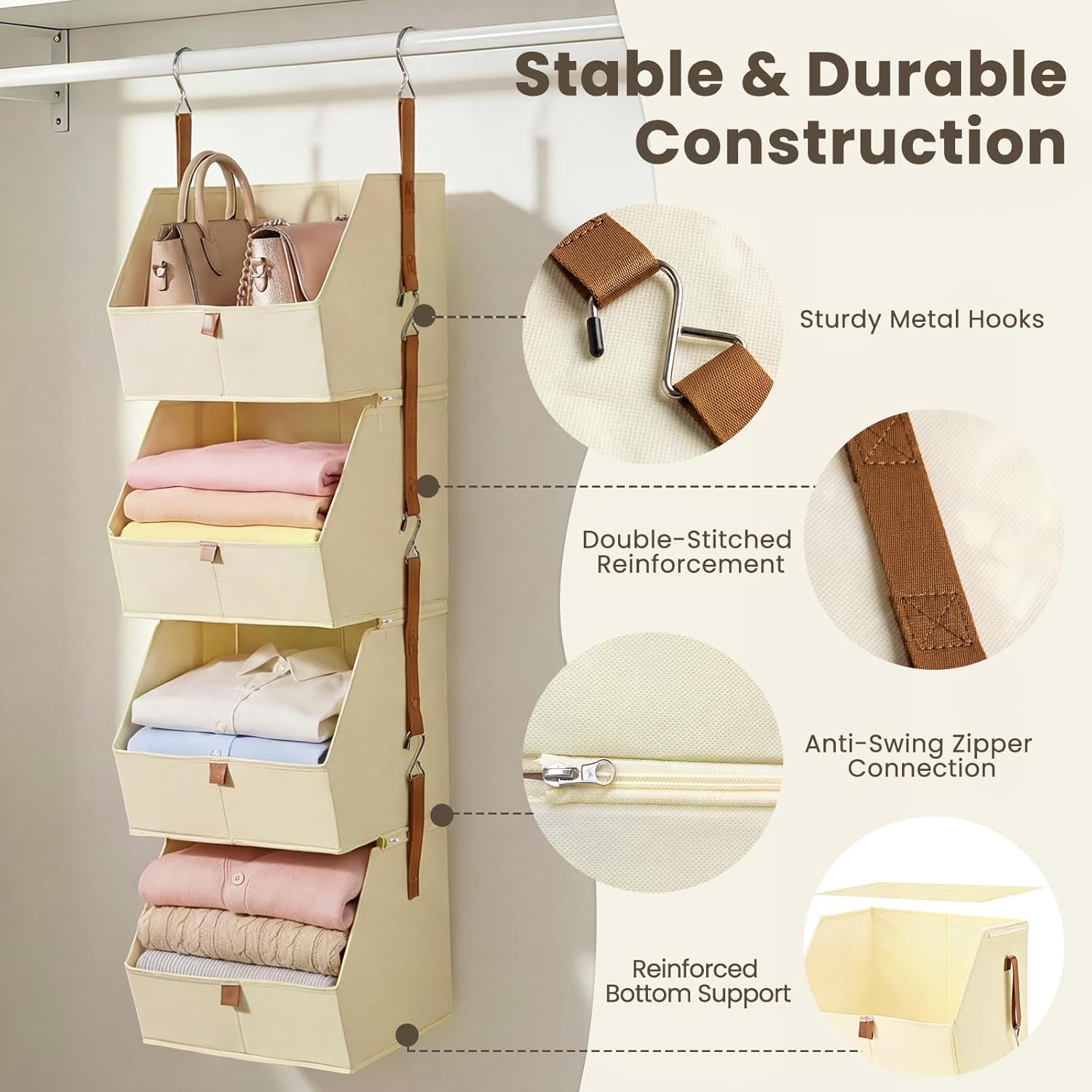 4-Tier Modular Hanging Closet Organizer, Heavy-Duty Detachable Clothes Hanging Shelves with Reinforced Zippers and 8 Durable Hooks, Versatile Fabric Storage Bins for Bedroom, RV, Nursery