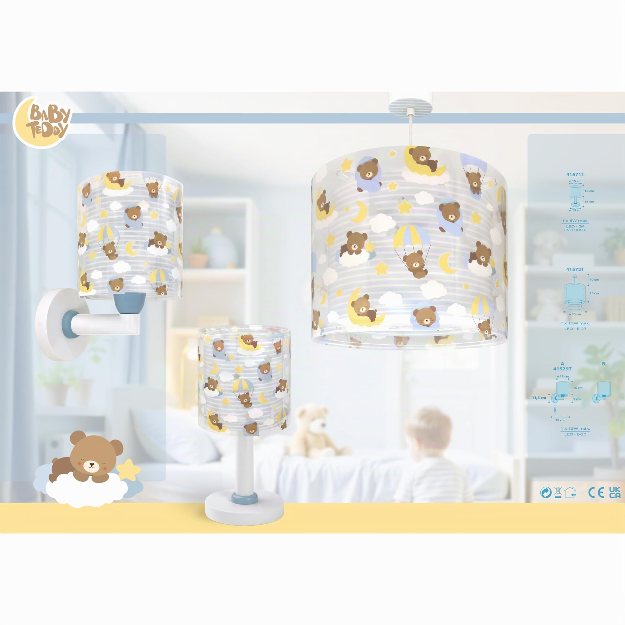 Dalber Lámpara Infantil De Techo Colgante Baby Teddy Ositos Nubes Azul, 41572T, E27
