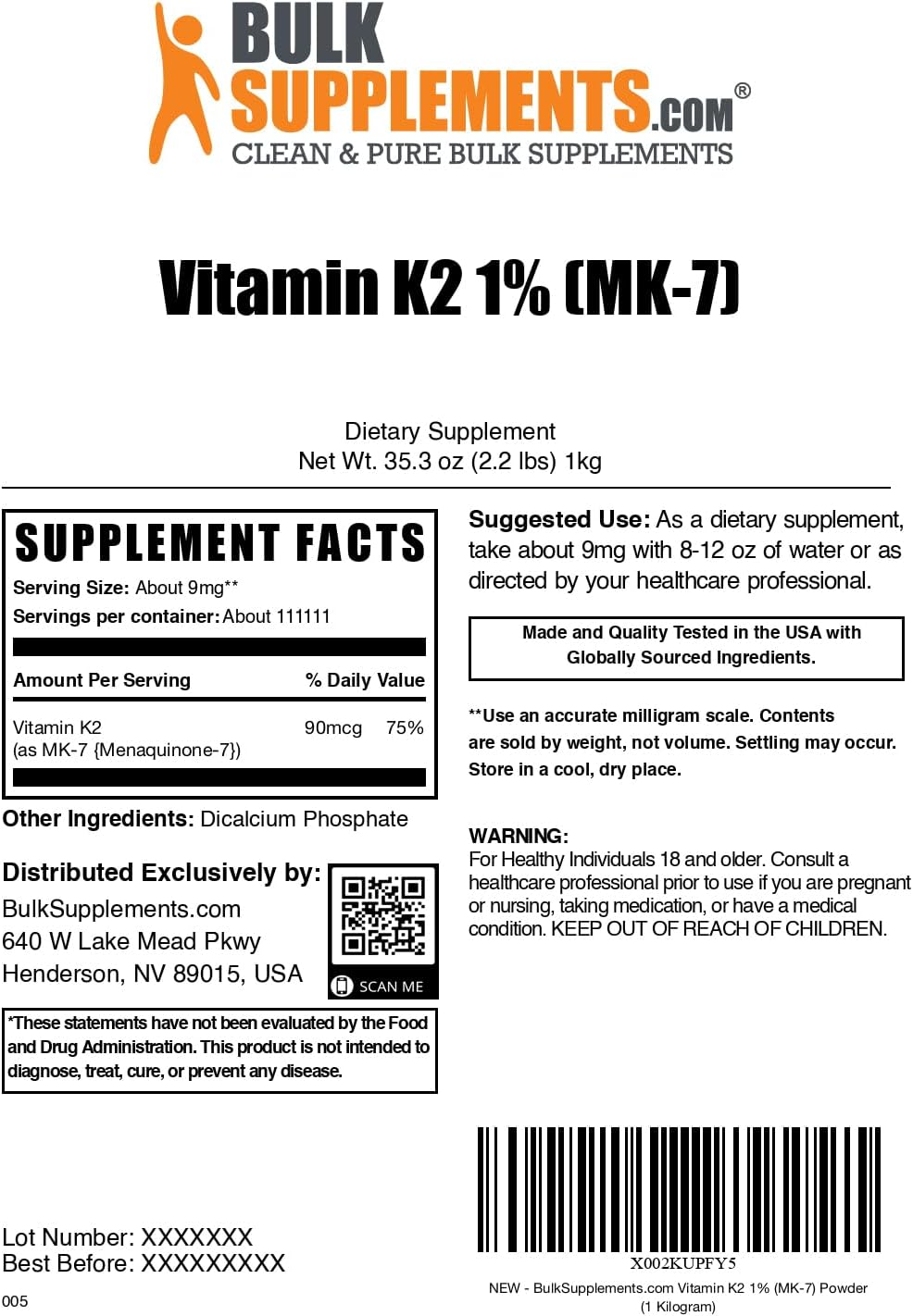 BulkSupplements.com Vitamin K2 Powder - Vitamin K2 MK-7, as Menaquinone Powder - K2 Vitamin Supplement for Wellness, Gluten Free, 9mg per Serving, 1kg (2.2 lbs) (Pack of 1)