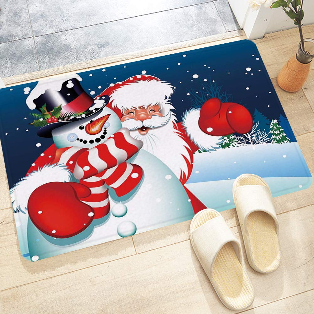 Bath Mat 60x100 cm,Christmas,Smiling Santa Claus Hugging Snowman in Cartoon Style Winter Hills Fir Trees Deco,Rug with Non Slip Adhesive Bottom, Bath Rug for Floor Tub Shower Bedroom, Machine Washable