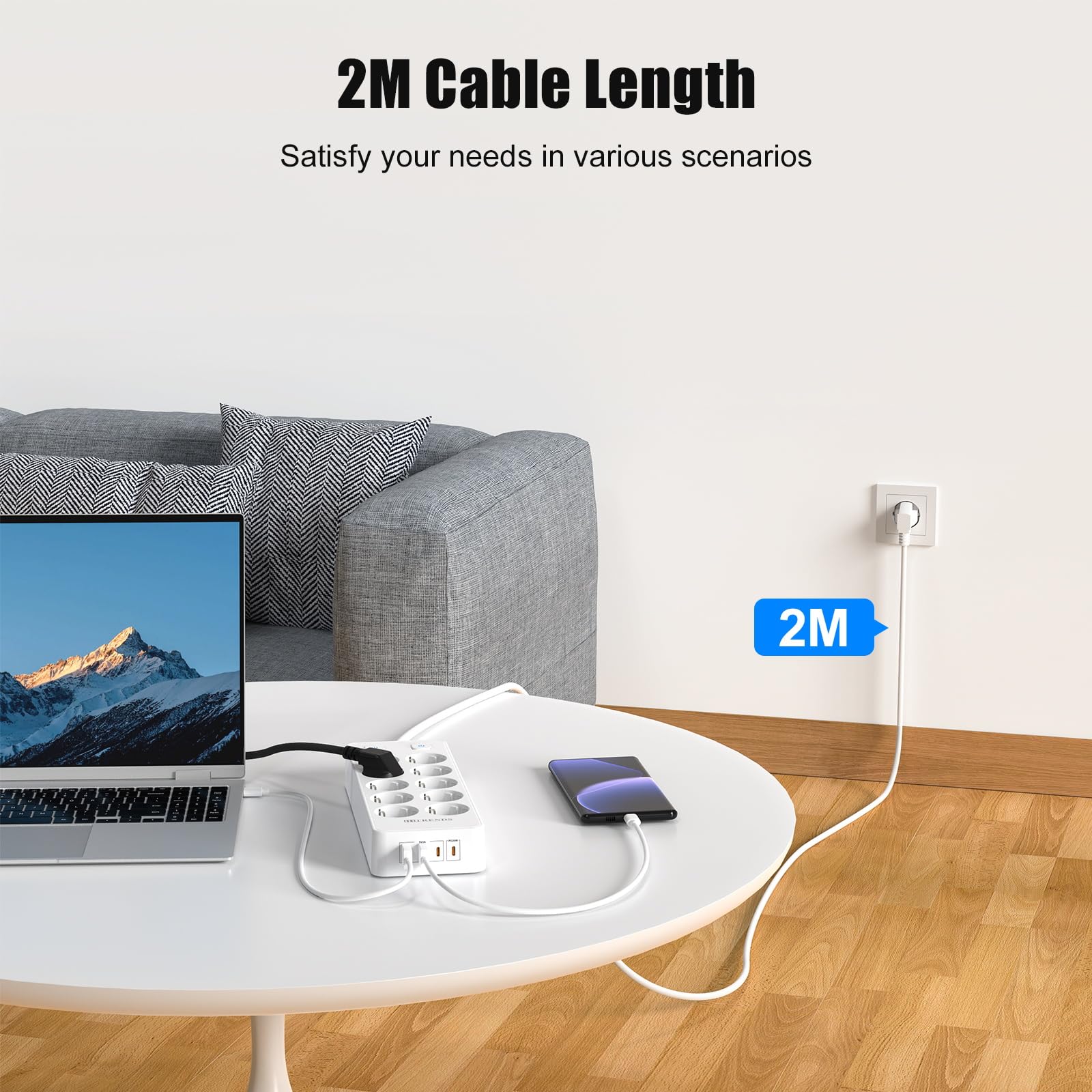 Ciabatta elettrica 10 prese, con 2 USB-A+ 2 USB-C (PD20W), presa con 2 interruttori, presa di distribuzione 230 V, spina multipla 2 m, per casa, scuola, ufficio (bianco)
