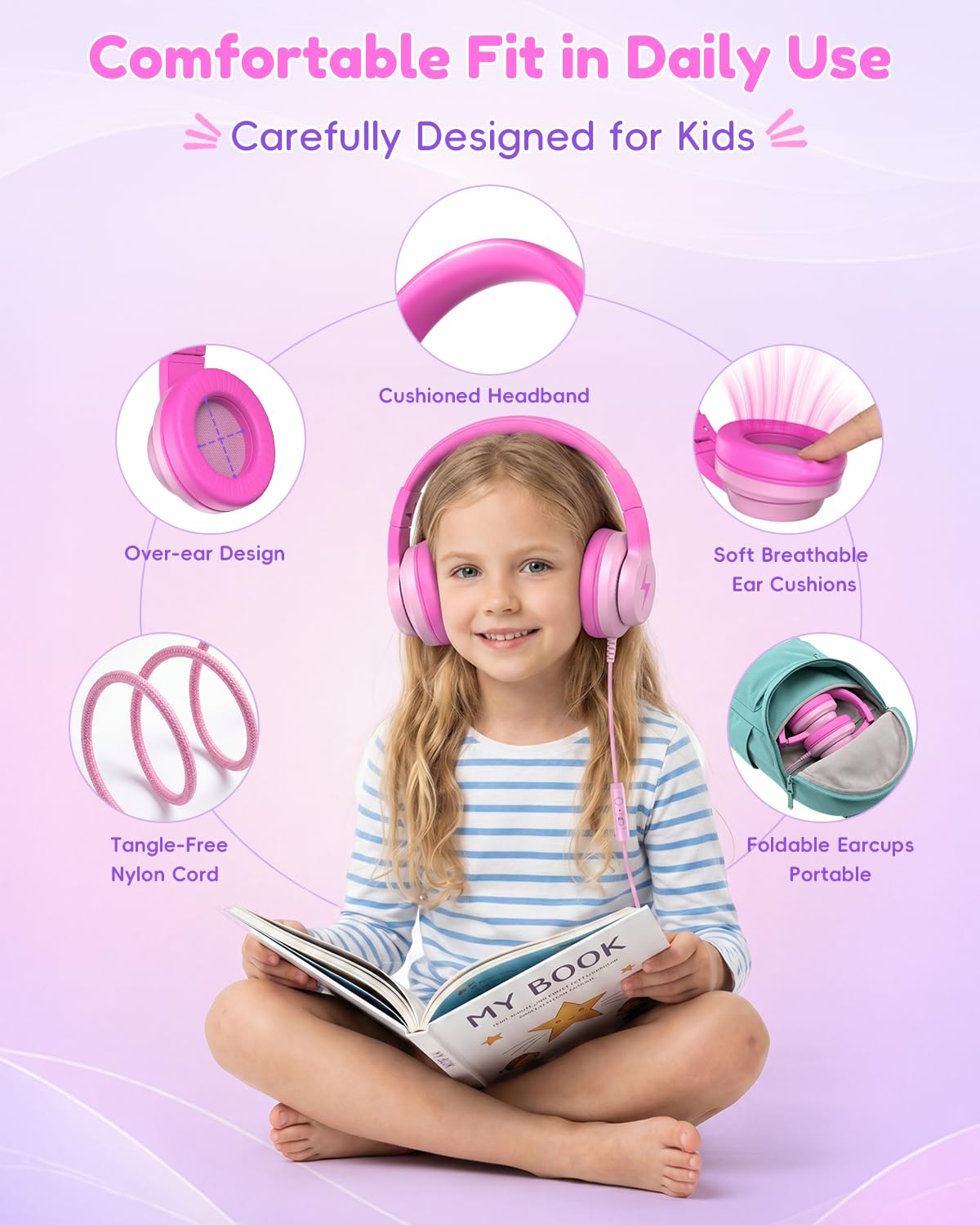Candy Bila Cuffie per bambini per la scuola, cuffie USB C per bambini, cuffie cablate per bambini, suono stereo HD, cuffie sovraurali pieghevoli per bambini, ragazze, PC, tablet, colore rosa scuro