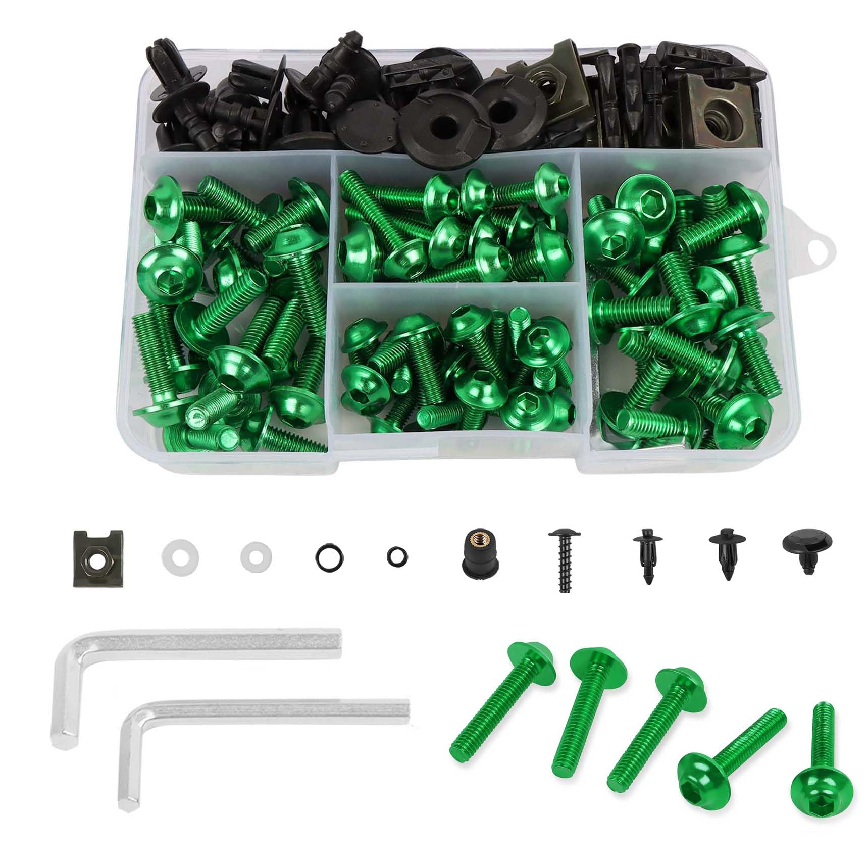 CHIFUN Motorcycle Fairing Bolt Kit, 195 Pcs M5 M6 Aluminum Screws Assortment Kit Plastic Grommets Nuts Washers Clips Universal for Sport Dirt Bike Bodywork Fairing Windscreen (Green)