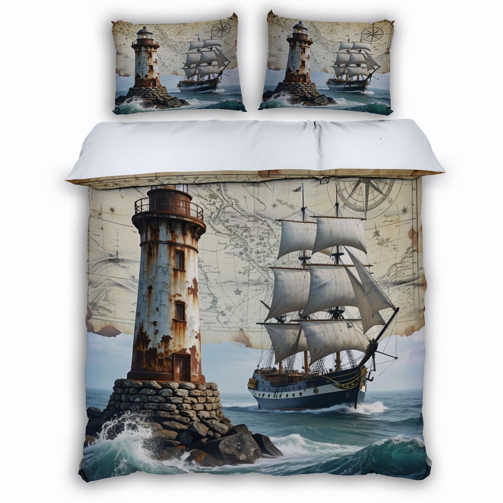 Housse de couette voilier 2 personnes 220x240 maritime en microfibre avec 2 taies