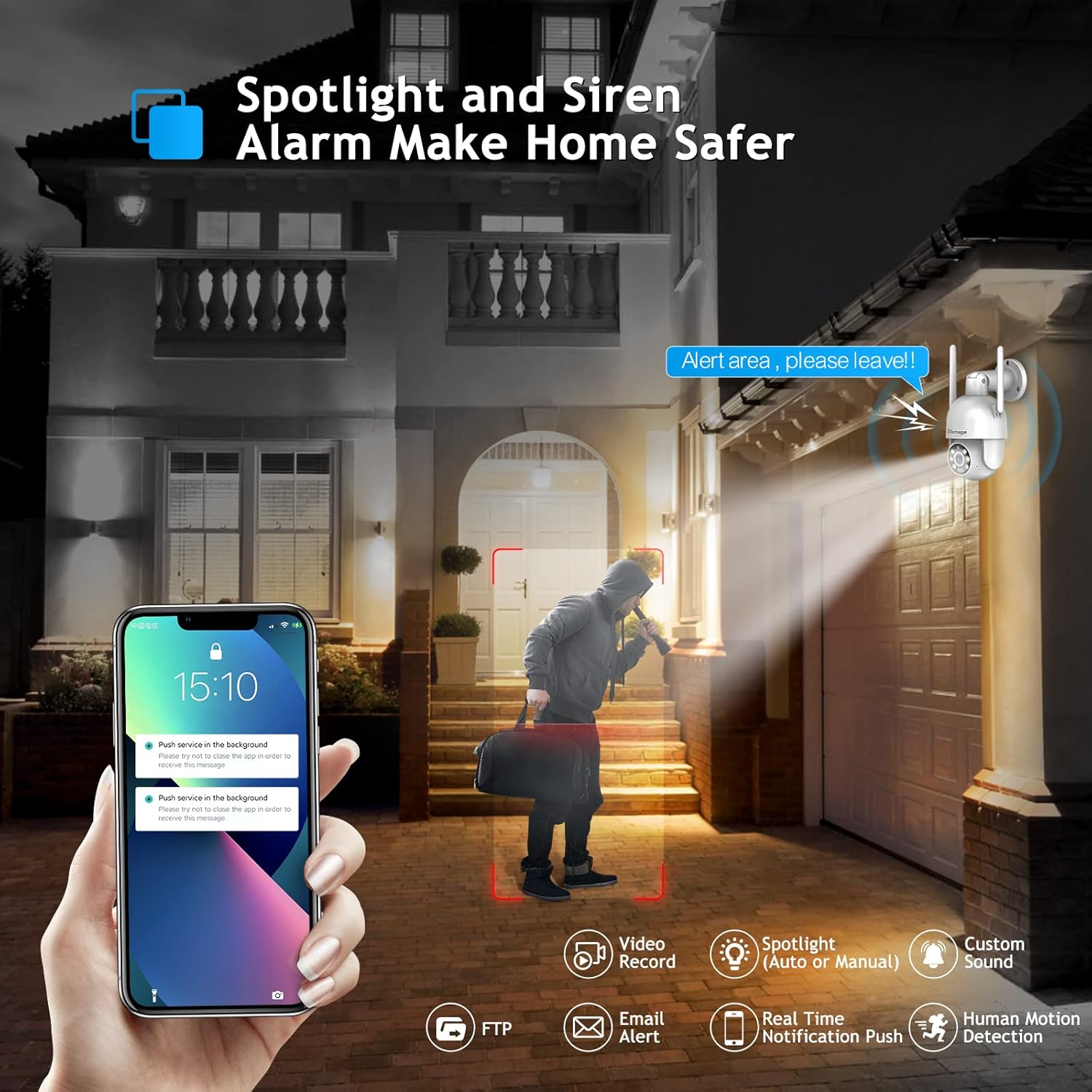 Spotlight and siren alarm feature for enhanced home security