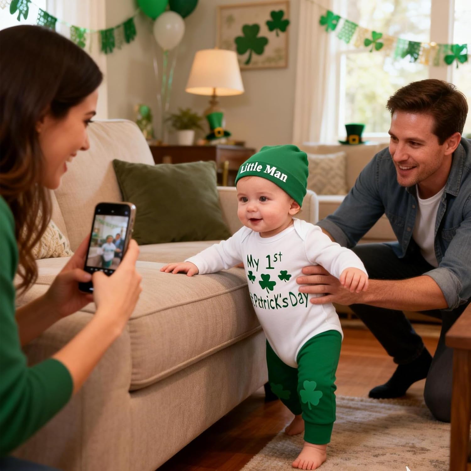 Baby Boy St. Patrick's Day Outfit，New Newborn My 1st St. Patrick's Day Long Sleeved Letter Top+pants+Hat 3Pcs Set - Image 5