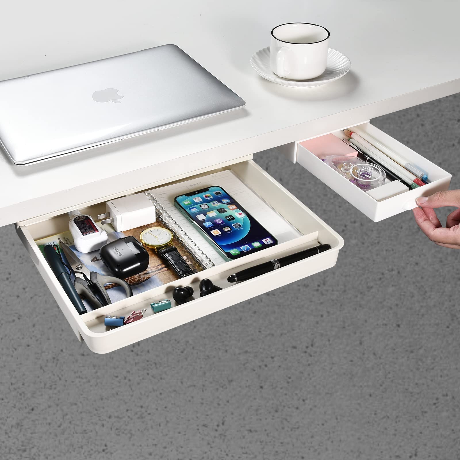 Under Desk Drawer[2Pack, M Plus(Beige)+S(White)], Self-Adhesive Under Desk Storage, Desk Drawer Organizer for Office Home Stationery