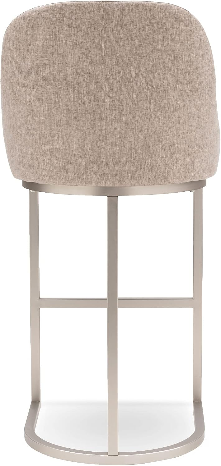 Leick Home 10133PW/OL Barrelback Bar Stool with Metal Base, Set of 2, for Elevated Kitchen Counters, High Top Tables, and Bars, Modern Oatmeal Linen Seat and Pewter Metal Base