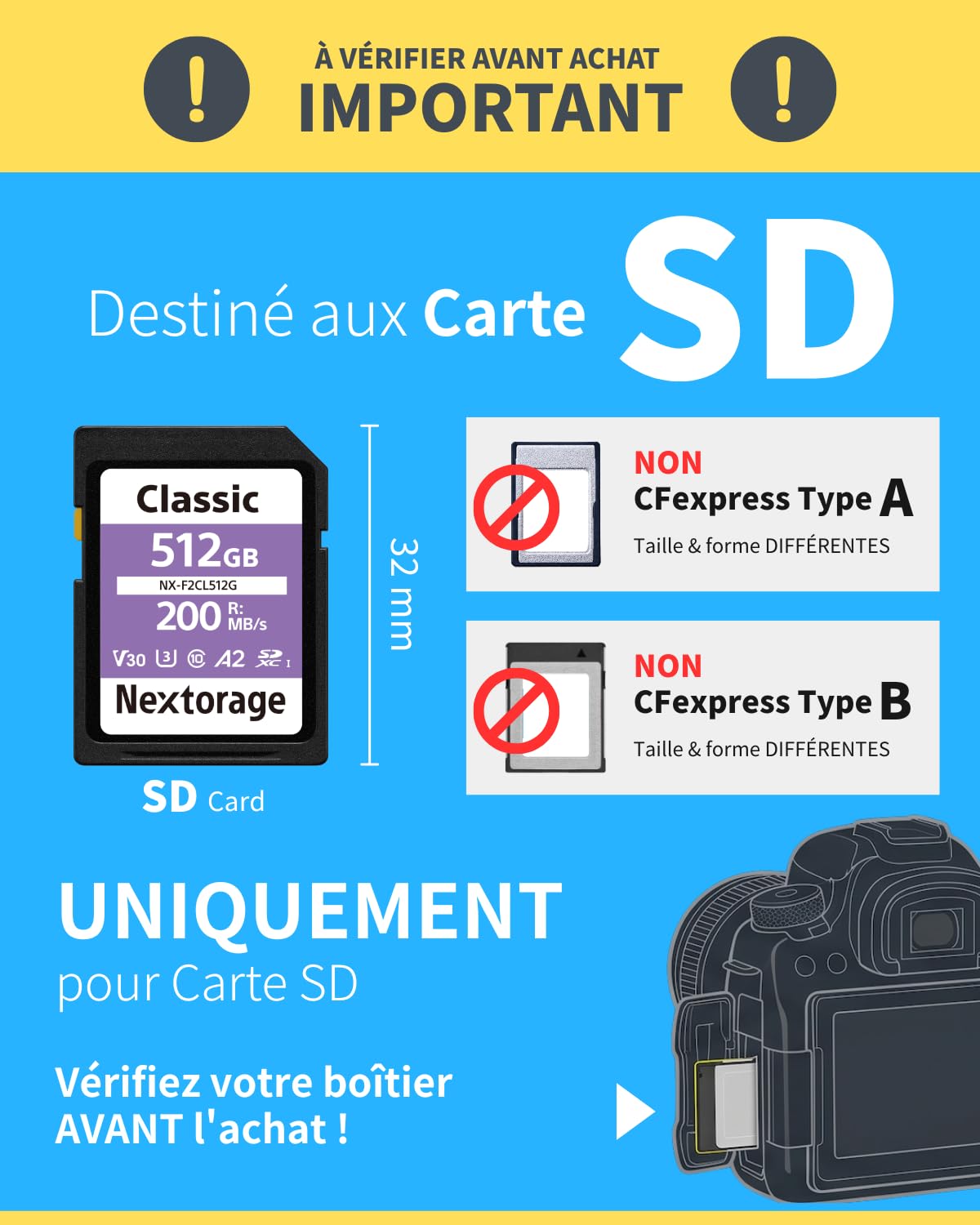 Nextorage Carte SD 512Go, SDXC UHS-I 512GB, SD Card mémoire Japonaise, Accessoires Photo et caméscopes pour appareils Photo Nikon/Canon/Sony/Fujifilm, F2PRO NX-F2PRO512G