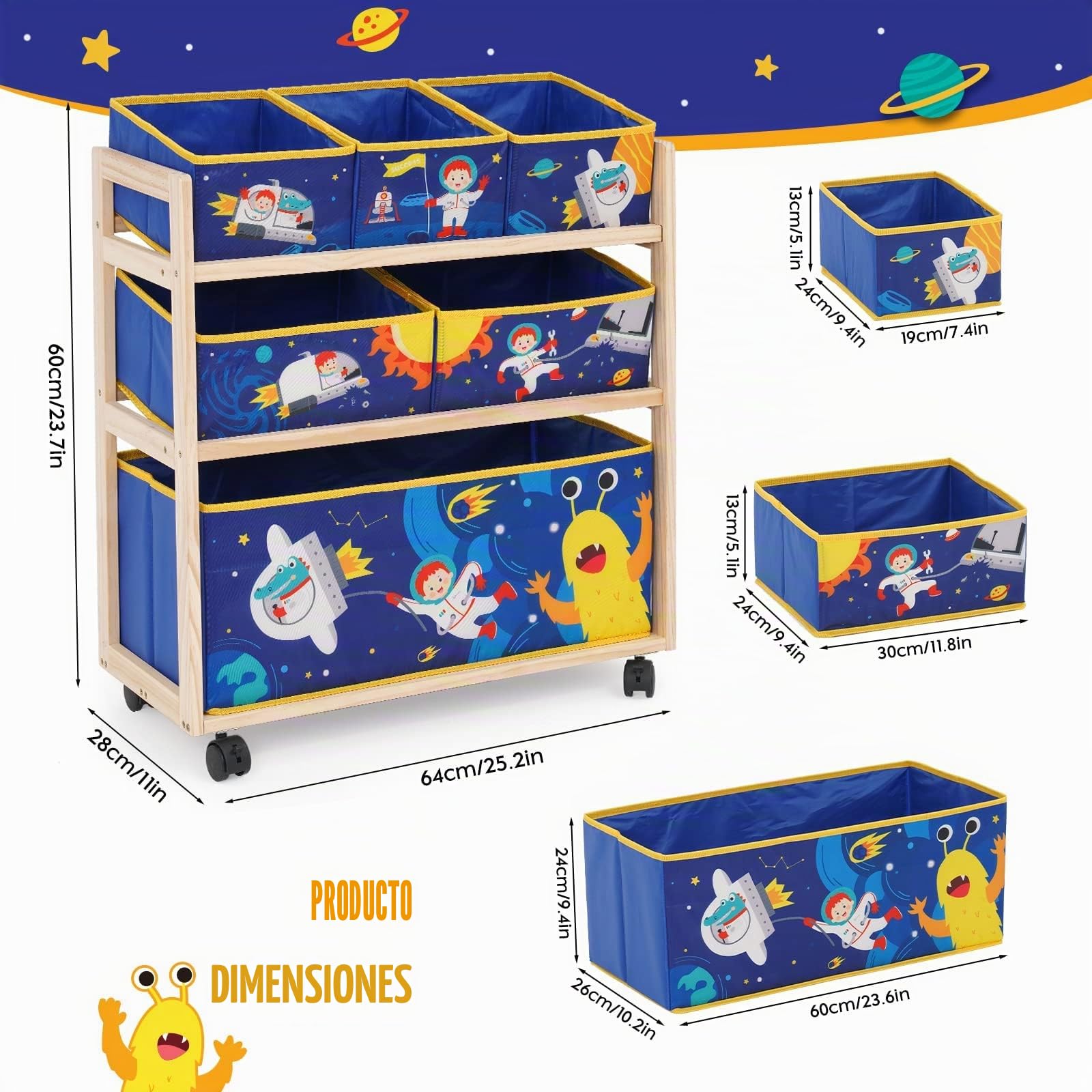 NUKied Estantería Infantil para Juguetes y Libros con Ruedas,6 Cajas de Tela no Tejida Extraíbles, para Sala de Juegos,Escuela, 64x 28 x 60 cm,Patrón Pequeño Monstruo