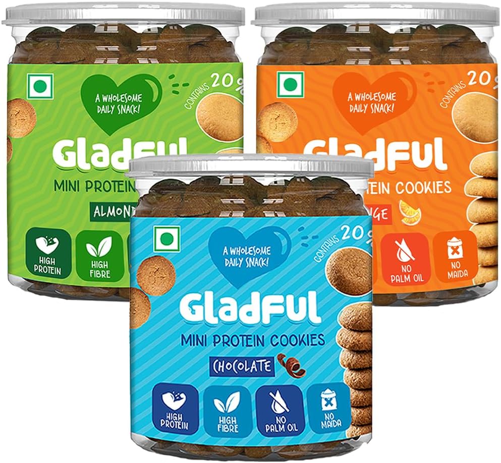 Gladful Protein Mini Cookies/Biscuit For Kids And Families, Tasty & Healthy Daily Snack, No Maida, No Preservatives, 150Gm X 3 (Chocolate + Orange + Almond)