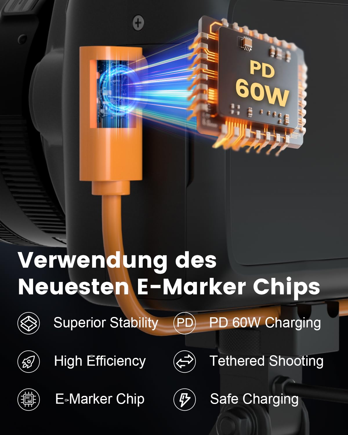 Glasfaser USB C Tethering Kabel 4.5M, Rechtwinkliges 10Gbps VR Cord für Bidirektionale Datenübertragung mit PD 60W, USB 3.2 GEN 2 Link Kabel für VR/Kamera/Sony/Canon/Nikon/MacBook (Orange)