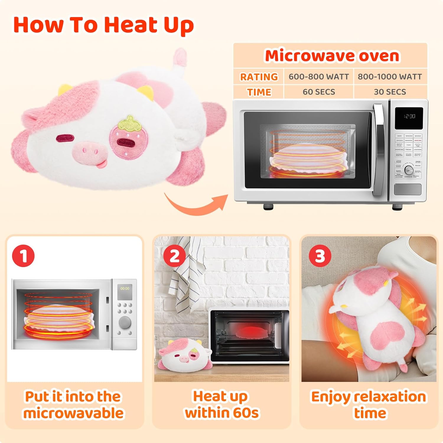 Strawberry Cow Plush Microwavable Stuffed Animals, Unscented 1.2 lbs Volcanic Rock Heatable Heating Pad 50-Minute Lasting Warmth Period Cramps Menstruation Stress Relief Gifts Girls Women