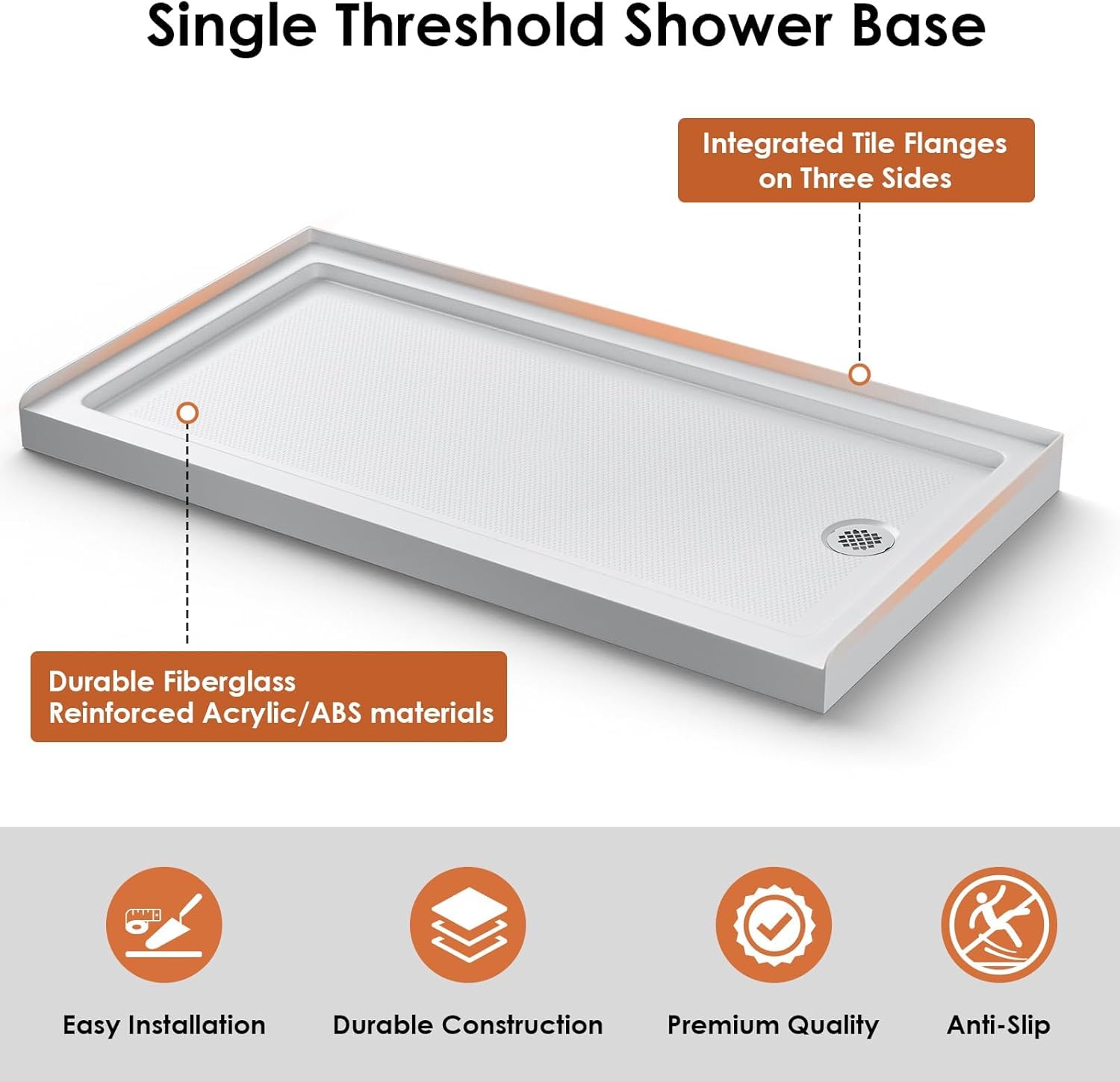 60"x 32" Shower Base, Right Drain Single Threshold Shower Pan with Slip Resistant Textured Surface, Stainless Steel Drain Cover（Right）