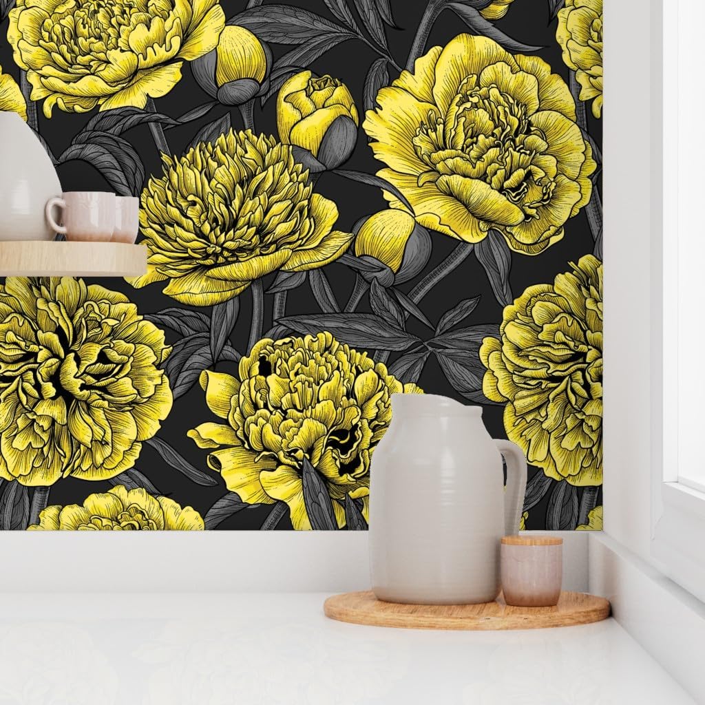 Peel & Stick Wallpaper 3ft x 2ft - Night Peony Yellow Gray Flower Leaves Floral Nature Plant Ink Custom Removable Wallpaper by Spoonflower