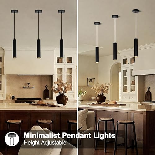 Miniatura 2 de Paquete de 2 luces colgantes modernas negras, lámpara colgante minimalista LED para isla de cocina, cable de luz colgante de tubo largo ajustable