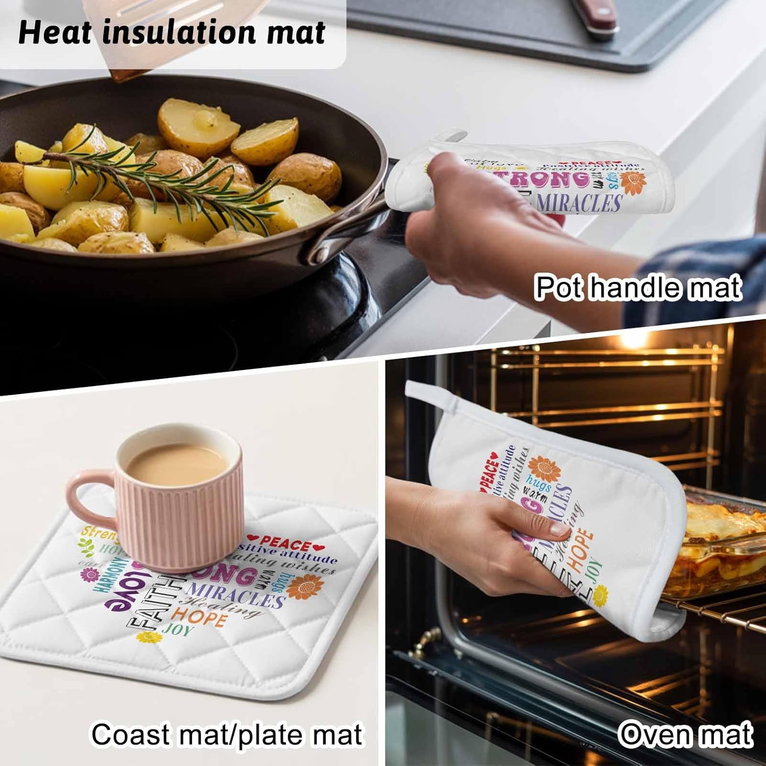 Pot Holder Set of 5 Colorful Inspirational Quotes with Love Heart Potholder Heat Proof Non Slip Pot Holders, White Hot Pads Potholders for Kitchen Cooking Baking BBQ