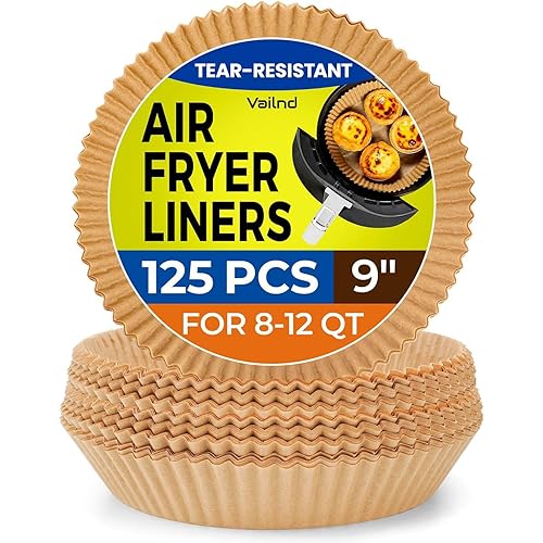 Vailnd 9inch Round Air Fryer Liners Disposable, 125PCS Non-Stick Parchment Paper Liners, Oil Resistant, Waterproof, Food Grade Baking Paper for 5-10 QT Air Fryer Microwave