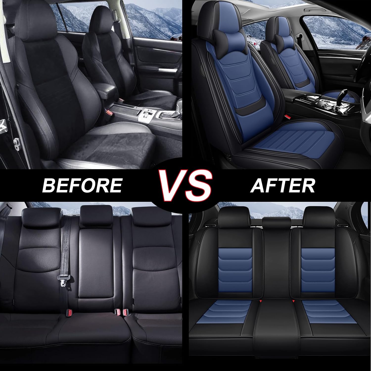 Car Seat Covers Full Set for Subaru Outback 2000-2025, Waterproof Nappa Leather Car Seat Cover with Headrests, Anti-Slip & Comfortable Car Seat Protector&Accessories(Black Blue)