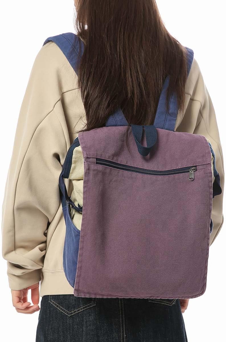 XINNI Unisex Color Block Canvas Backpack Lightweight Casual Daypack with Contrast Color Design Wide Opening Shoulder Bag