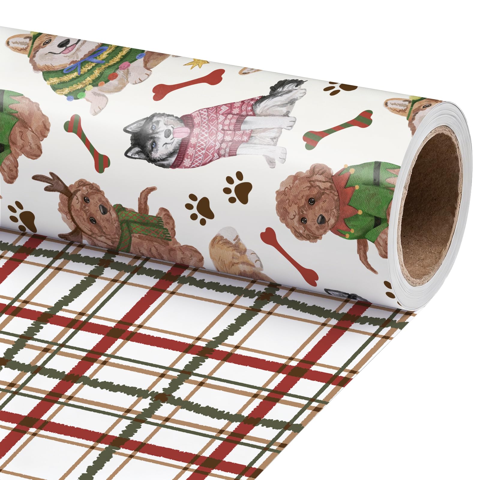RUSPEPA Reversible Christmas Dog Wrapping Paper Mini Roll, Festive Dog Outfit & Buffalo Plaid Design, Double-Sided Xmas Gift Wrap for Pet Lovers, 43.2cm x 5m