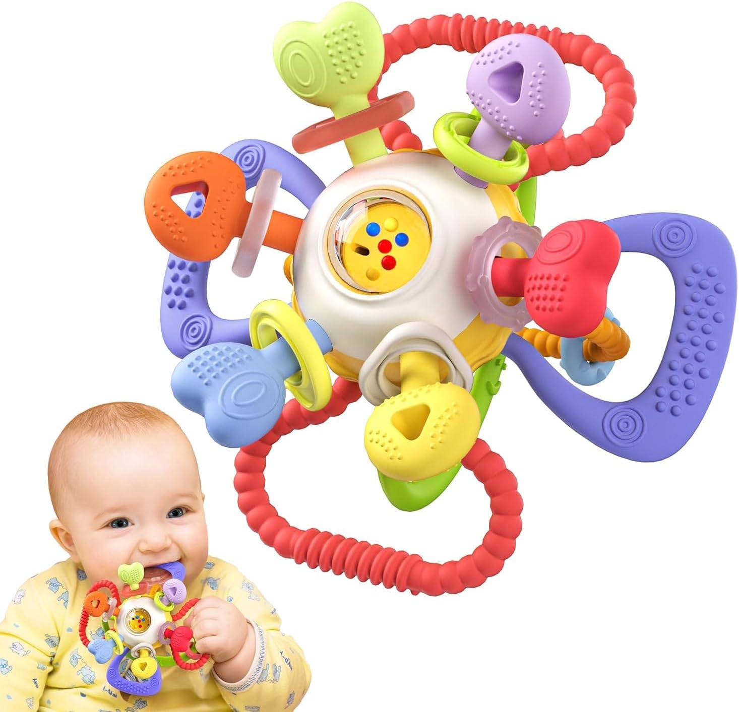 Infinno Baby Rattle Spinner Toy for Teething with Pull Ring – Soft BPA-Free Silicone for 0–12 Months – Interactive Spinning Sensory Toy with Multi-Functional Teether – Ideal Gift for Baby Boys & Girls