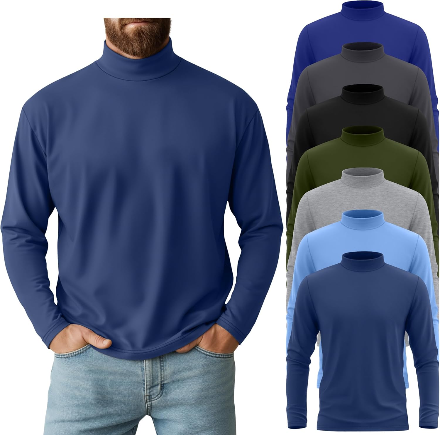 7 Pack Mens Big and Tall Mock Neck Shirts Long Sleeve Turtleneck Plus Size Undershirt Multipack Top