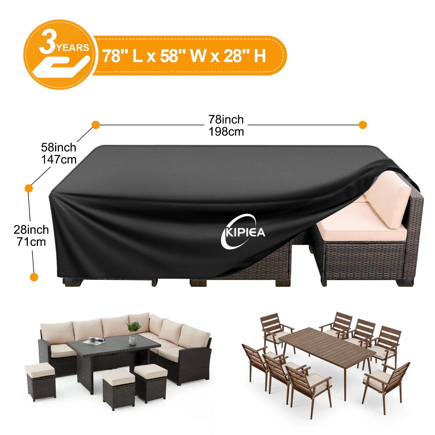 Kipiea Patio Furniture Covers Waterproof Winter, Heavy-Duty 420D Outdoor Patio Table Set Covers, Rectangular Outdoor Sectional Couch Covers (78" L x 58" W x 28" H) — view 2