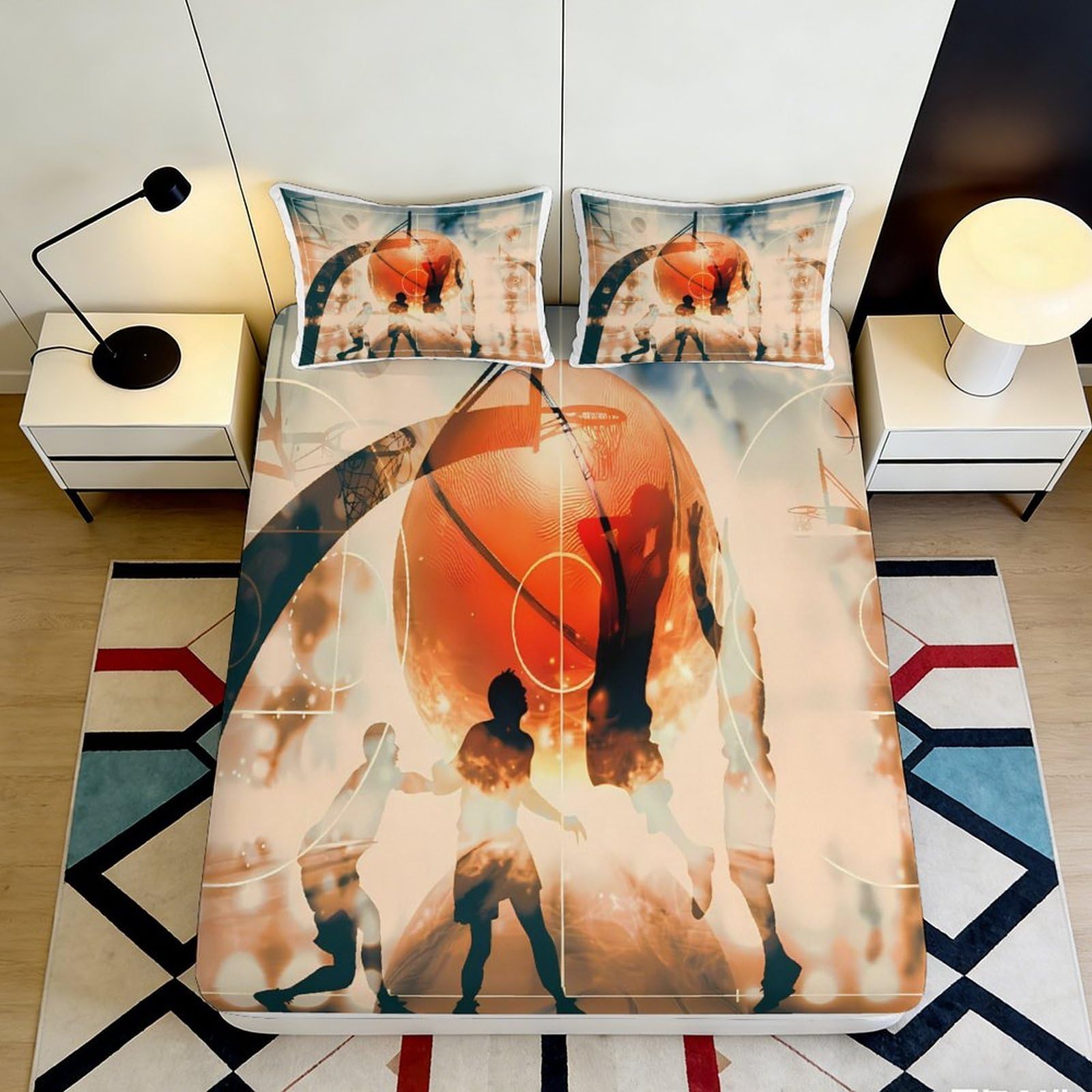 3D Printed Basketball Action Fitted Sheet Microfiber Non-Slip Mattress Cover for Bedroom Dorm Easy Care Decor 160x200x25cm