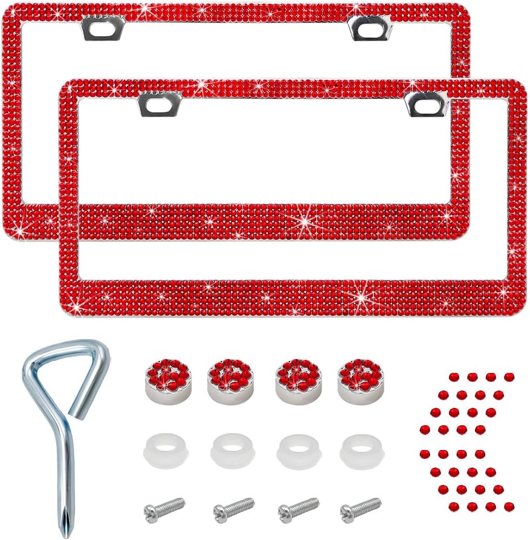 Ziciner Bling License Plate Frame, Sparkly License Plate Tag Cover with Multifaceted Rhinestones, Stainless Steel Crystal License Plate Holder, Universal Exterior Car Accessories (Leopard Print, 2PCS)