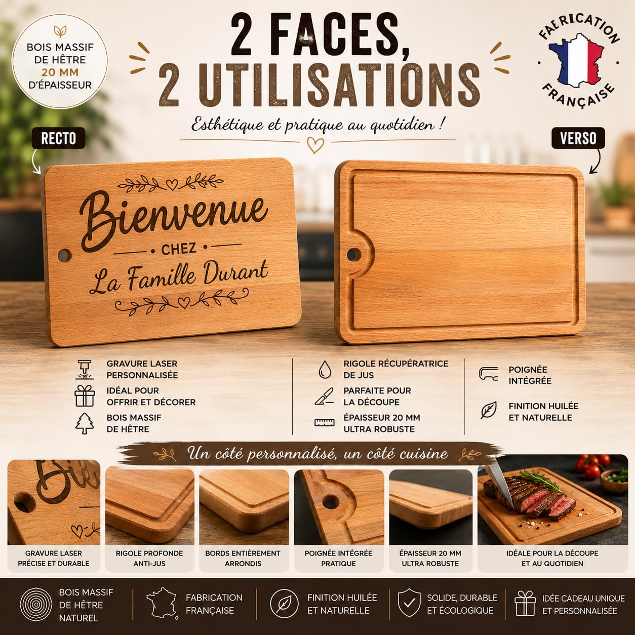 Planche à découper personnalisée en hêtre massif – Planche apéro gravée – Texte personnalisé – 40 × 26 × 2 cm – Cadeau mariage, couple, famille, crémaillère – BIBAMBOIS