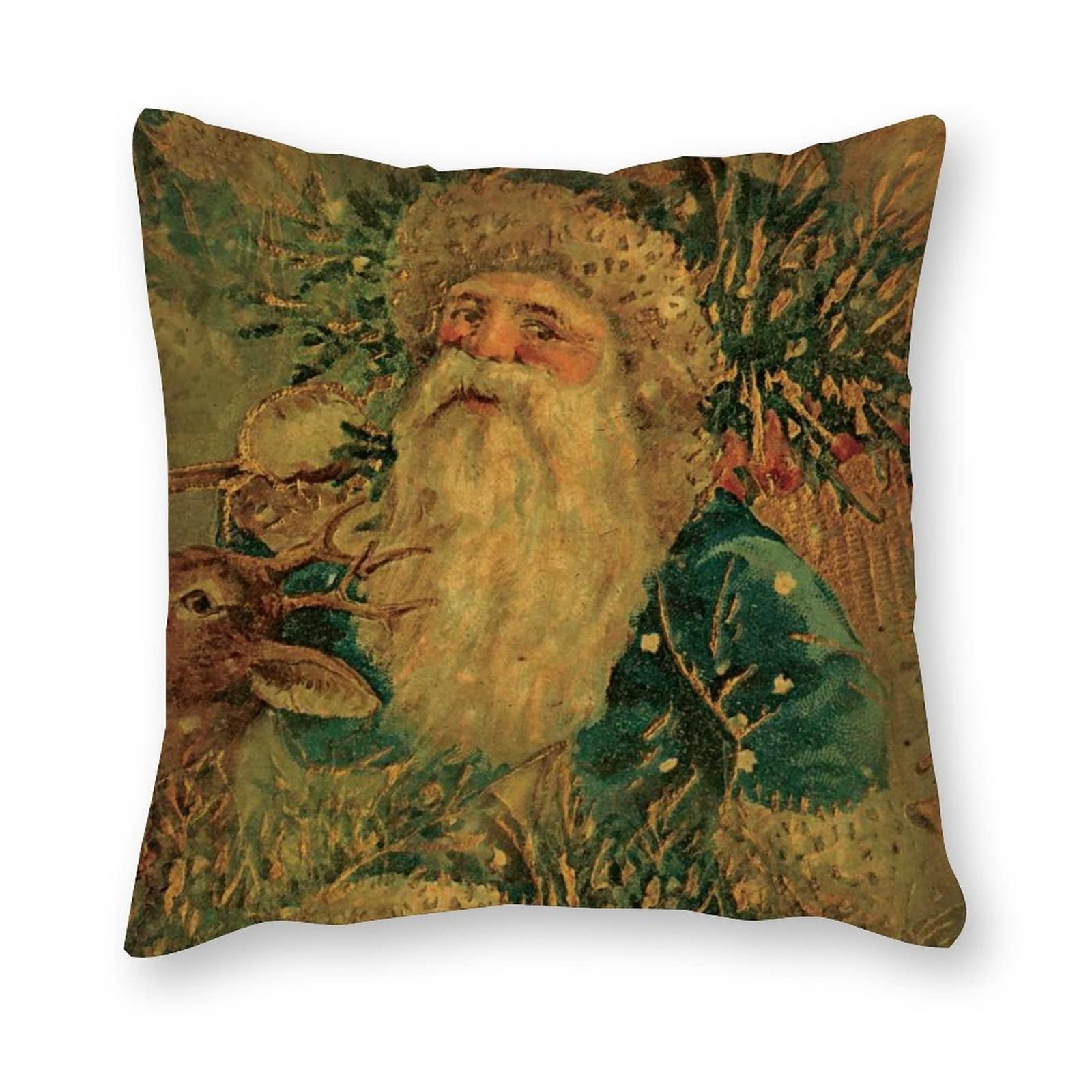 Vintage Santa Claus and Reindeer Throw Pillow Cover 18 x 18 Inch Old Fashioned Santa Antique Victorian Christmas Pillowcase Decorative Cushion Case