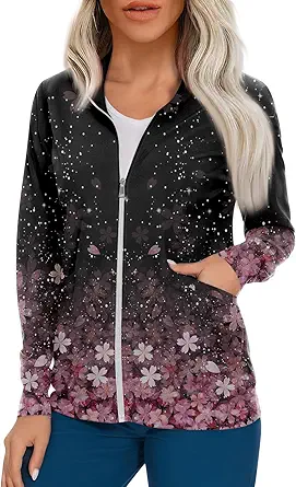 Scrub Jackets for Woman Zip Up Long Sleeve Tops Print Plus Size Womens Scrubs for Women Nursing Shirts with Pockets