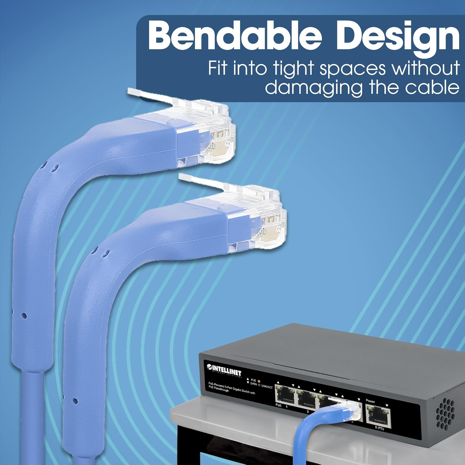 Intellinet FlexiBoot Slim Cat6 Ethernet Network Patch Cable – 10-Pack - 10Gbps & 250MHz, Flexible Bendable Boot, 32AWG Pure Bare Copper Wire, Gold-Plated Contacts - 14ft, Azure Sky Blue