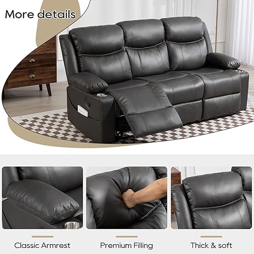 Miniatura 3 de Sofá reclinable manual Sofá reclinable de 3 asientos con función de calor y masaje, sofá reclinable de pared para sala de estar (gris)