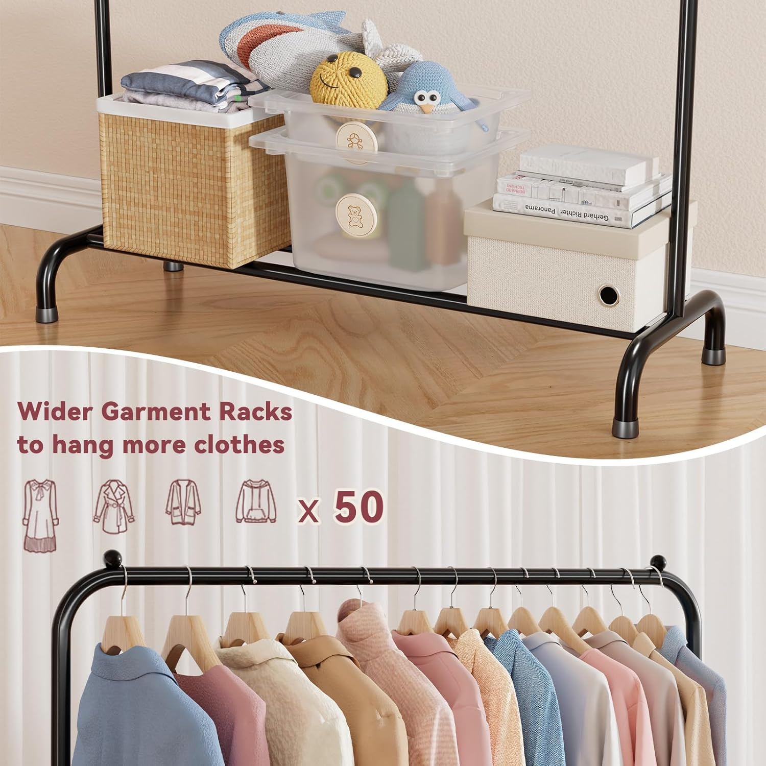 Clothing Rack for Hanging Clothes, 45" L Standard Clothes Garment Rack with Shelf, Portable Wardrobe Rack for Bedroom, Laundry Room, Black