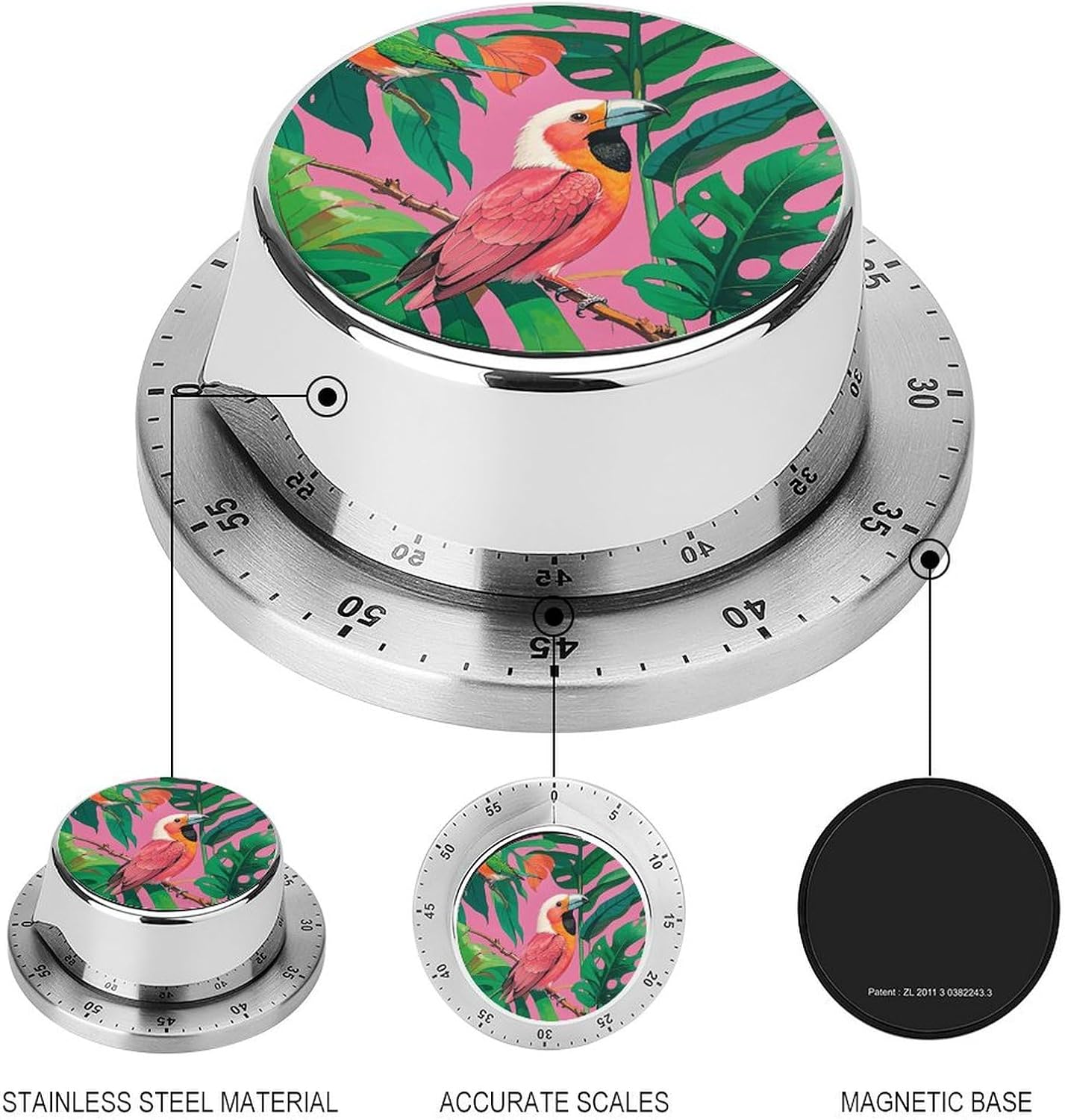 Tropical Birds Plant Leaf Timer Stainless Steel Kitchen Timers Waterproof & Rust-Proof 60 Minute Mechanical Timer with Loud Alarm for Cooking, Baking, Fitness