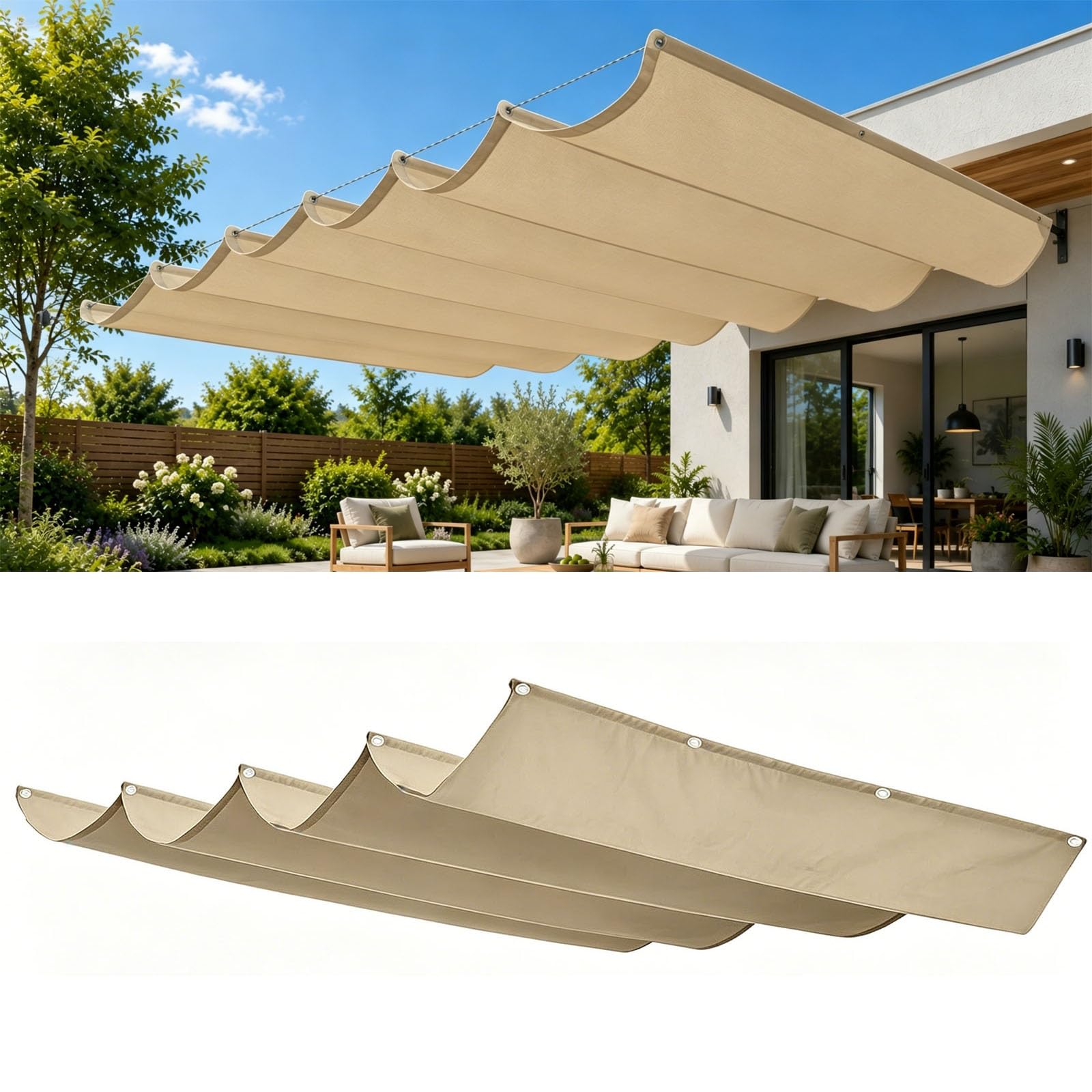 Voile Ombrage Rétractable Vague 160 x 220 cm Rectangulaire Imperméable Anti-UV et Indéchirable Contre Le Vent Rétractable Voile Ombrage Vague pour Patio Jardin Terrasse, Kaki