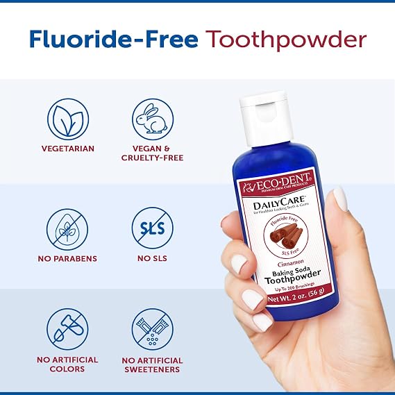 Eco-Dent DailyCare Baking Soda Toothpowder, Cinnamon - Fluoride-Free Toothpaste Powder, SLS-Free Tooth Powder with Baking Soda, Minerals, and Essential Oils, Toothpaste Alternative, 2 Oz