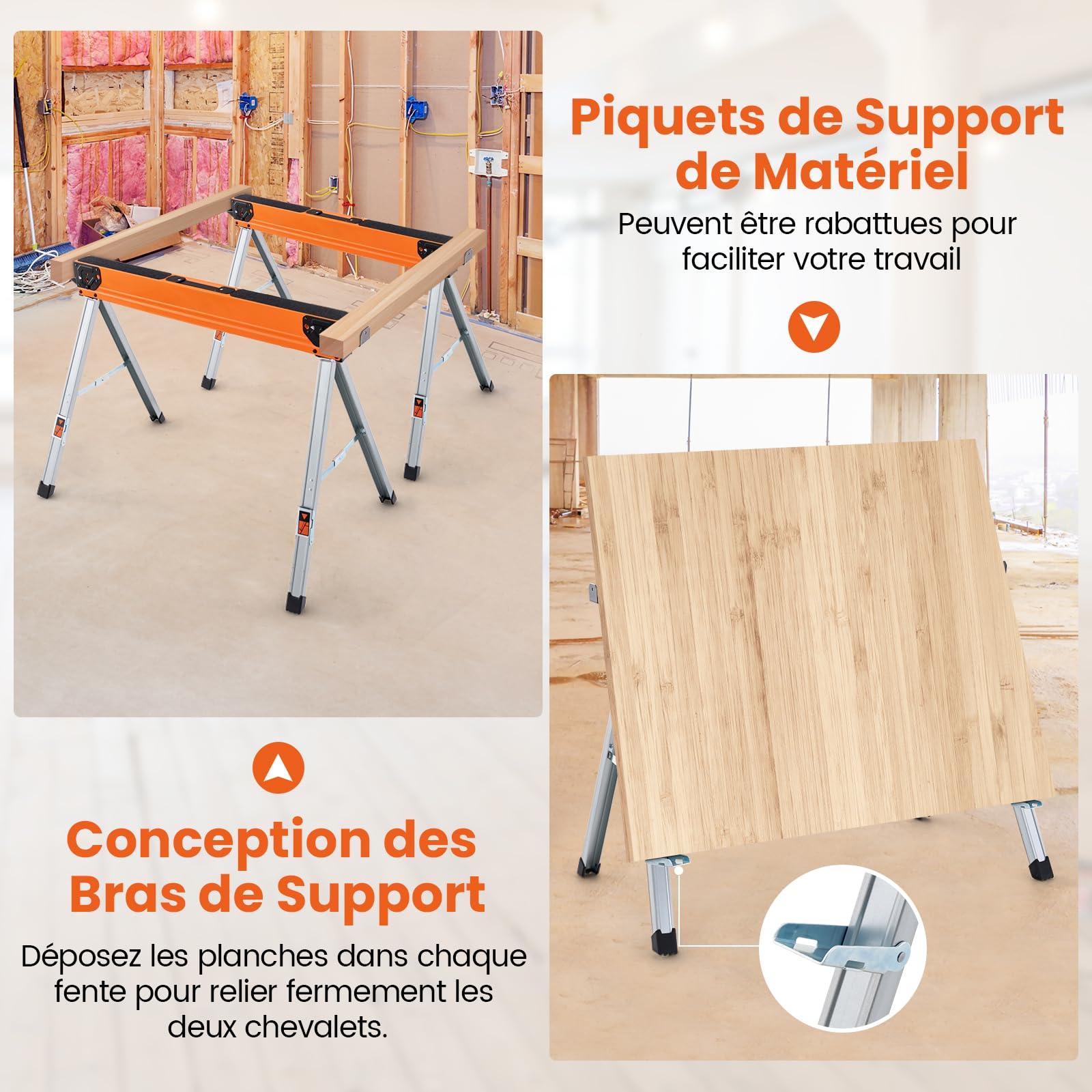 GYMAX Lot de 2 Tréteaux Portables et Pliables, avec Patins Antidérapants, Bras de Support, Chevilles Rabattables, Stucture Stable, pour Menuiserie/Travail de Bois