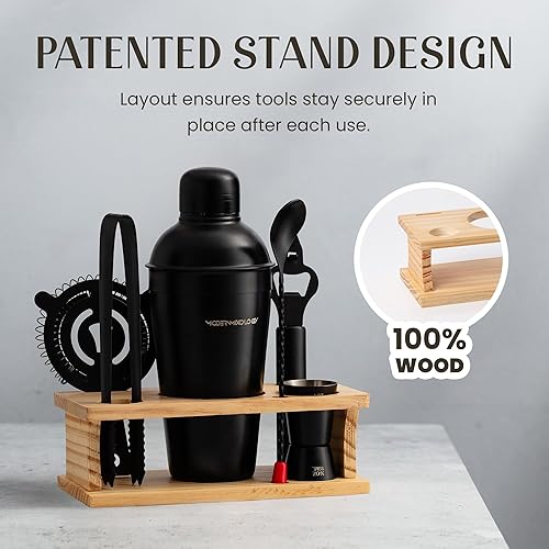 Miniatura 5 de Mixology Bartender Kit  Juego de coctelera dorada de 8 piezas con soporte de madera de pino negro, tarjetas de recetas e ideas de accesorios de bar