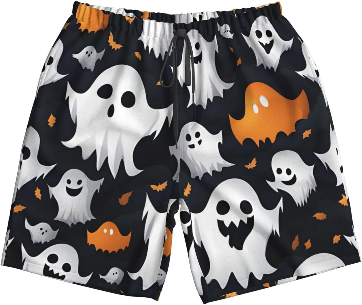 Mens Cute White Ghost Halloween Pattern Print Beach Shorts,Casual Summer Shorts for Men,Quick Dry Polyester