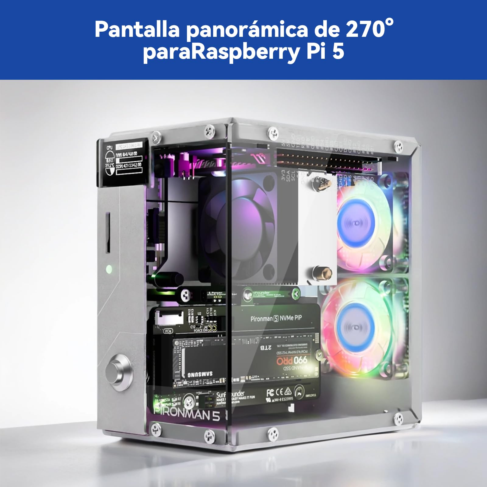 Pironman 5 carcasa Mini PC NVMe M.2 SSD PCIe 2.0/3.0 para Raspberry Pi 5 Hailo-8L, agente IA OpenClaw, refrigeración torre + doble ventiladores RGB, módulo OLED 0,96", apagado seguro, HDMI, efecto RGB