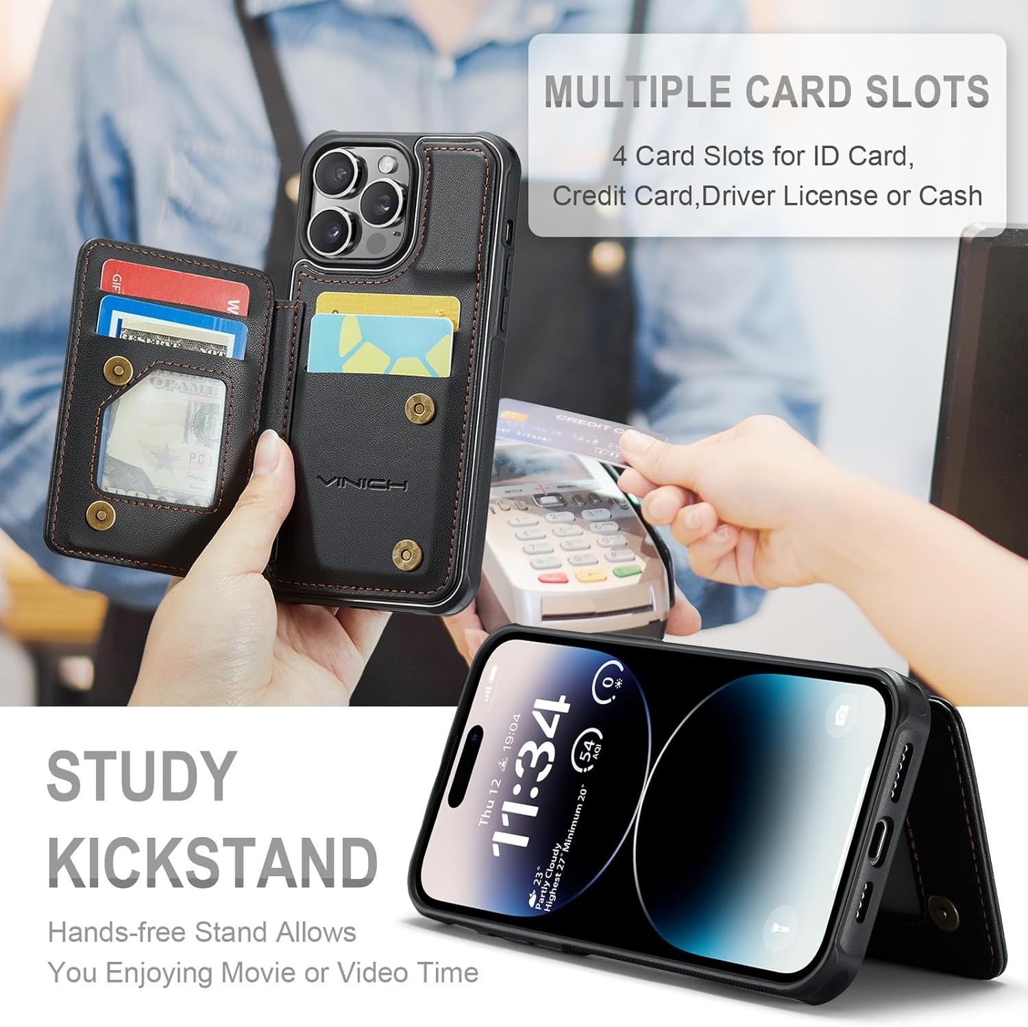 Vinich for iPhone 14 Pro Wallet Case with Card Holder, RFID Blocking Credit Slots Kickstand Shockproof Phone Cover Fit for iPhone 14 Pro 6.1" Black - Image 4