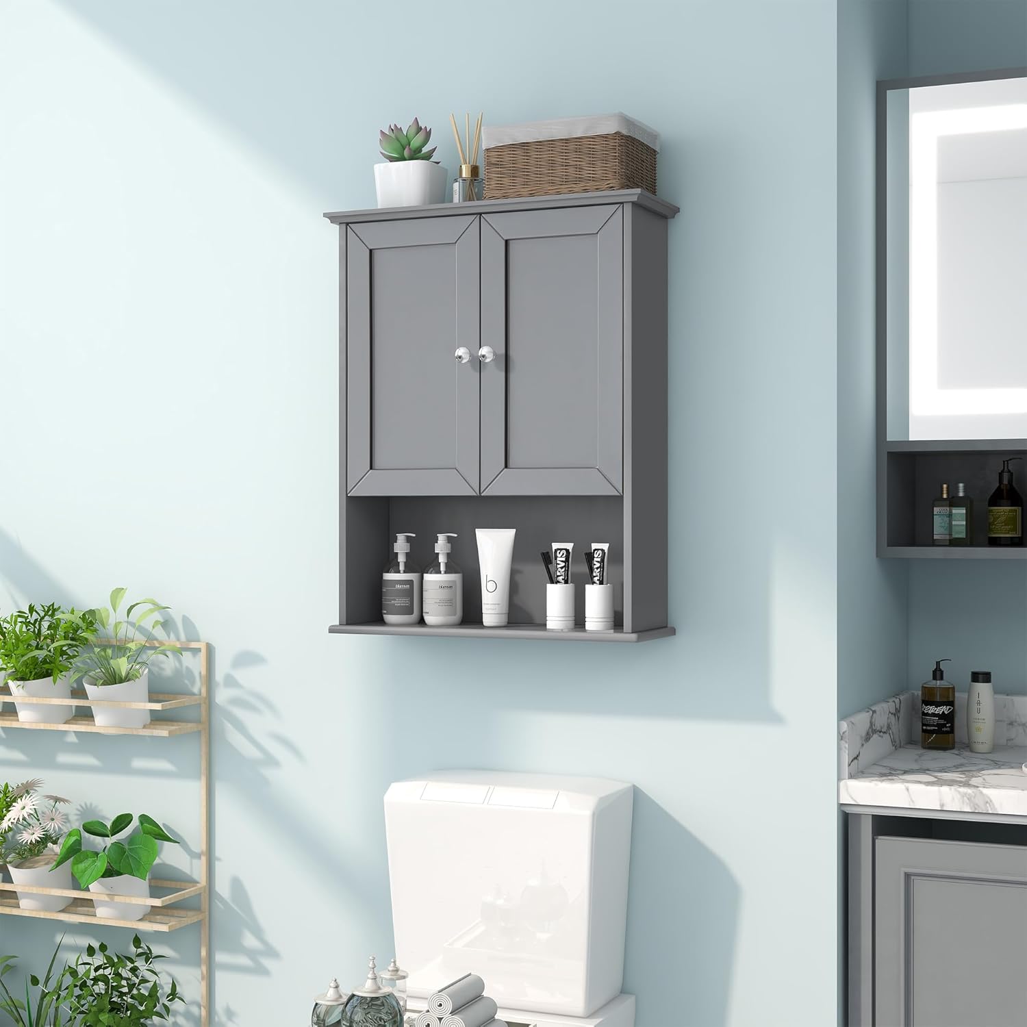 Grey Wall Mounted Bathroom Cabinet 24x30 Inch Wooden Over Toilet Storage Cabinet with 2 Doors, Above Toilet Medicine Cabinets for Bathroom Laundry Room Bedroom Kitchen